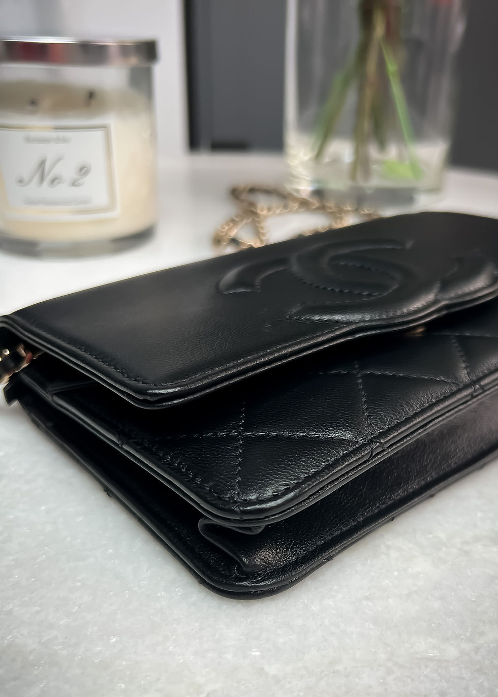Thumbnail: Chanel Timeless CC Quilted Black Wallet on Chain with champagne gold hardware
