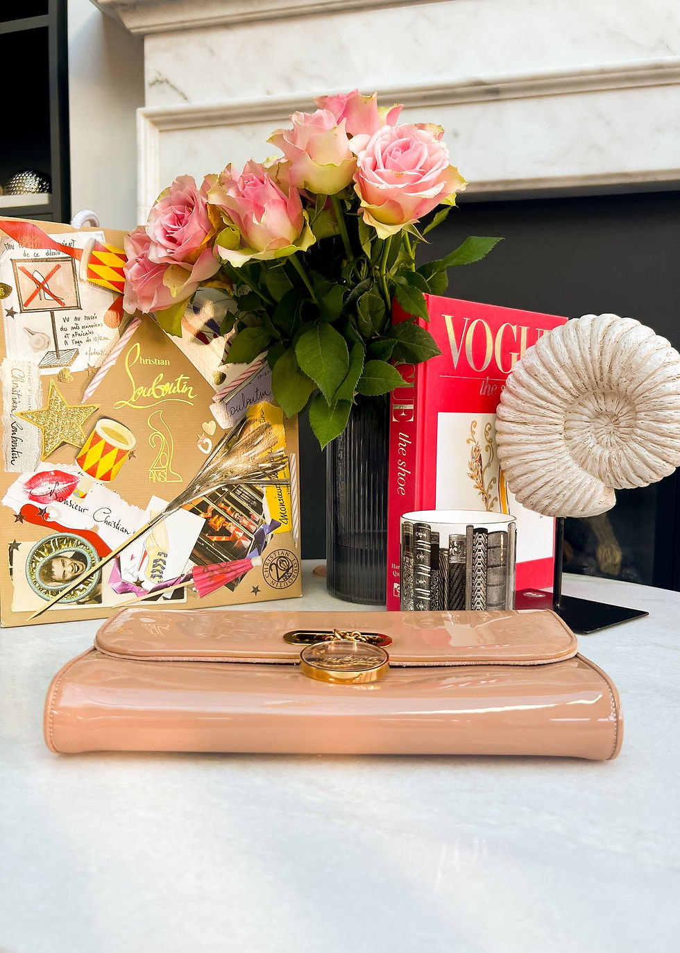 Thumbnail: Christian Louboutin Riviera Clutch with chain, nude with gold hardware.