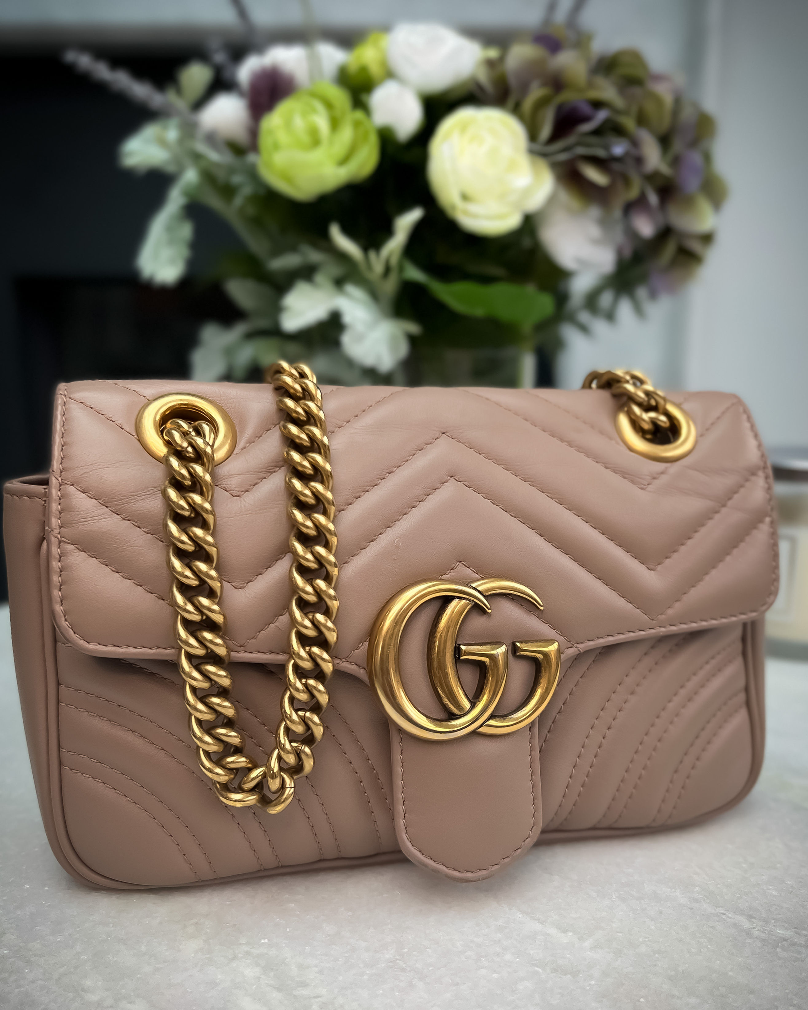 Gucci GG Marmont Matelassé Mini Flap Bag in Dusty Pink