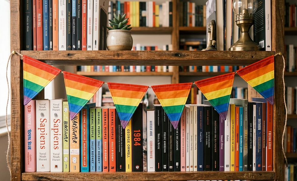 Estante de livros LGBT com bandeirolas da Comunidade LGBTQIAPN+