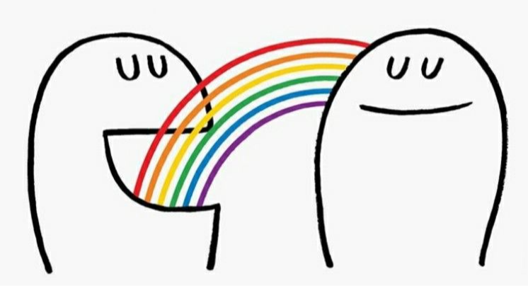 Dois personagens um falando e o outro escutando, entre eles um arco iris LGBTQIAPN+