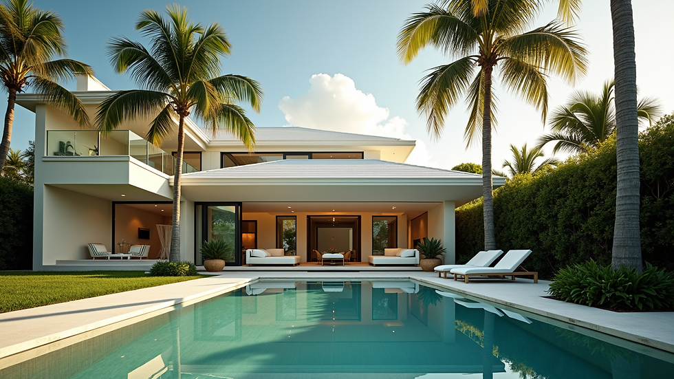 High angle view of a family home in Miami with palm trees