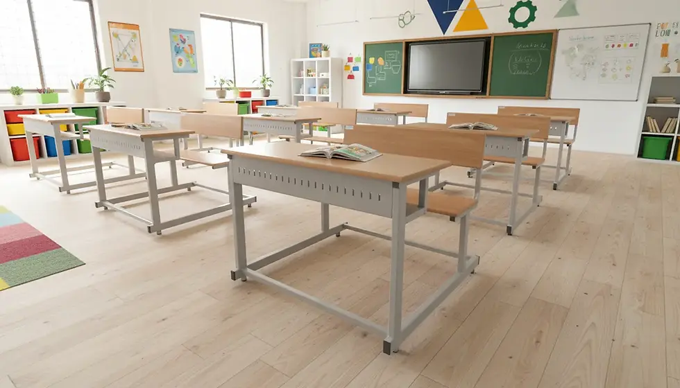 Eye-level view of a classroom with sturdy wooden school benches arranged neatly