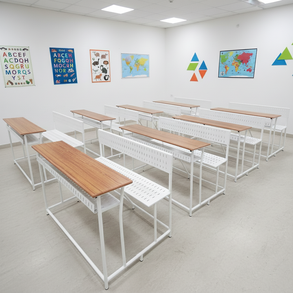 Close-up view of a sturdy combo school bench with metal frame and wooden seat