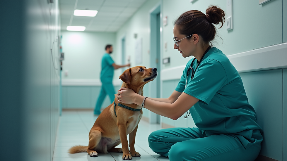 Eye-level view of a veterinary nurse interacting with a patient in a clinic