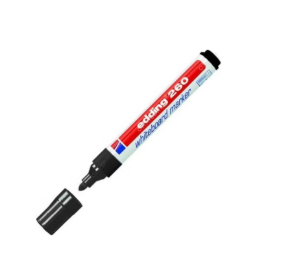 Siyah edding 260 whiteboard marker, kapağı çıkarılmış, ucu görünüyor.