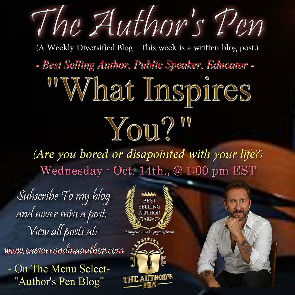 Promotional poster for The Author's Pen, showing a seated man and text: What Inspires You? with blog date and website.