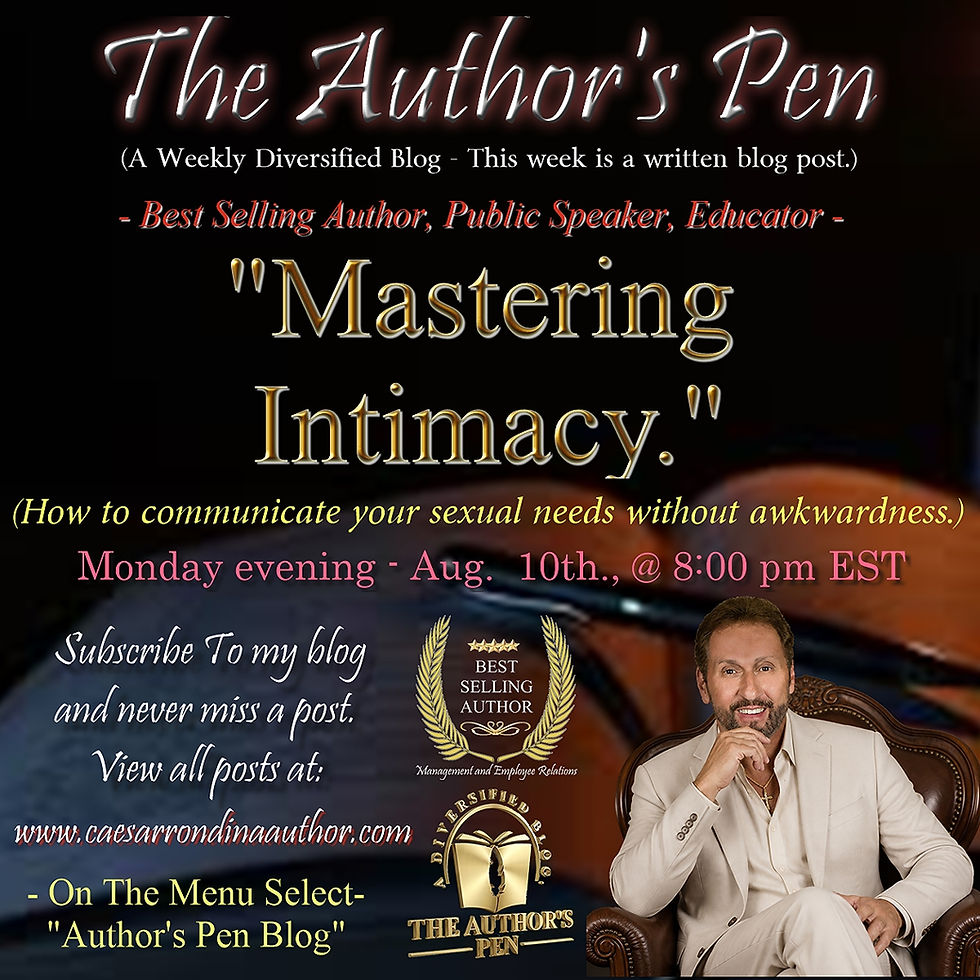 Promotional poster for The Author's Pen blog featuring a smiling man in a beige suit and text about Mastering Intimacy.