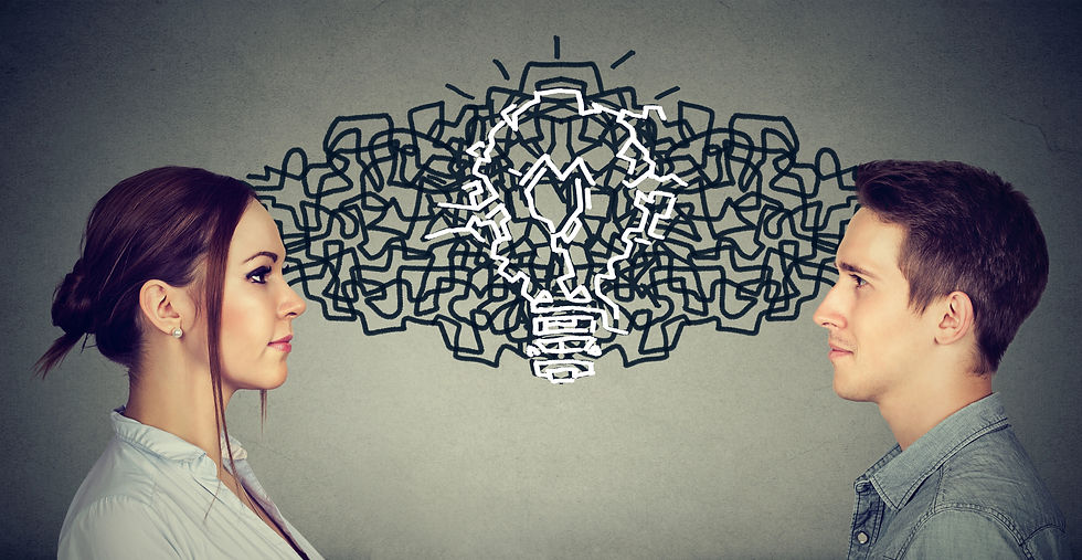 picture of a man and woman facing each other talking in a confused manner