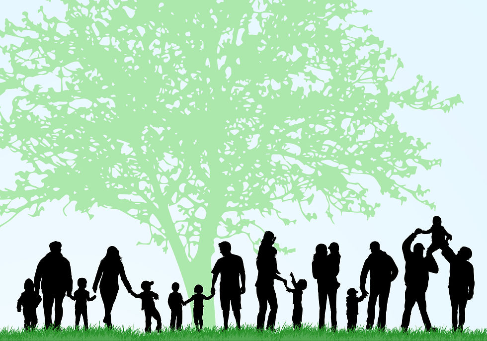 Black silhouettes of families and children holding hands in grass beneath a large pale green tree on a light blue background