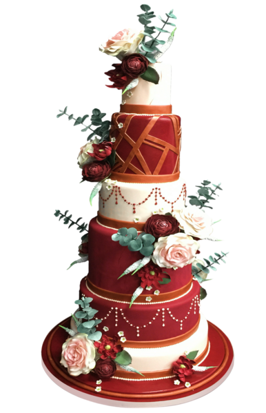 Five-tier wedding cake with burgundy and ivory sugar paste and cascading sugar flowers.