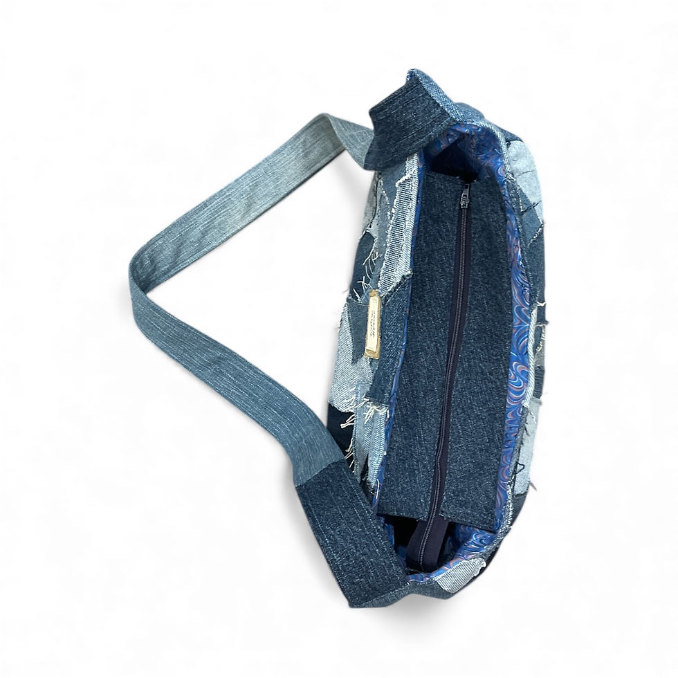Thumbnail: Denim Mosaic Shoulder Bag with Vintage Zipper & Marbled Lining