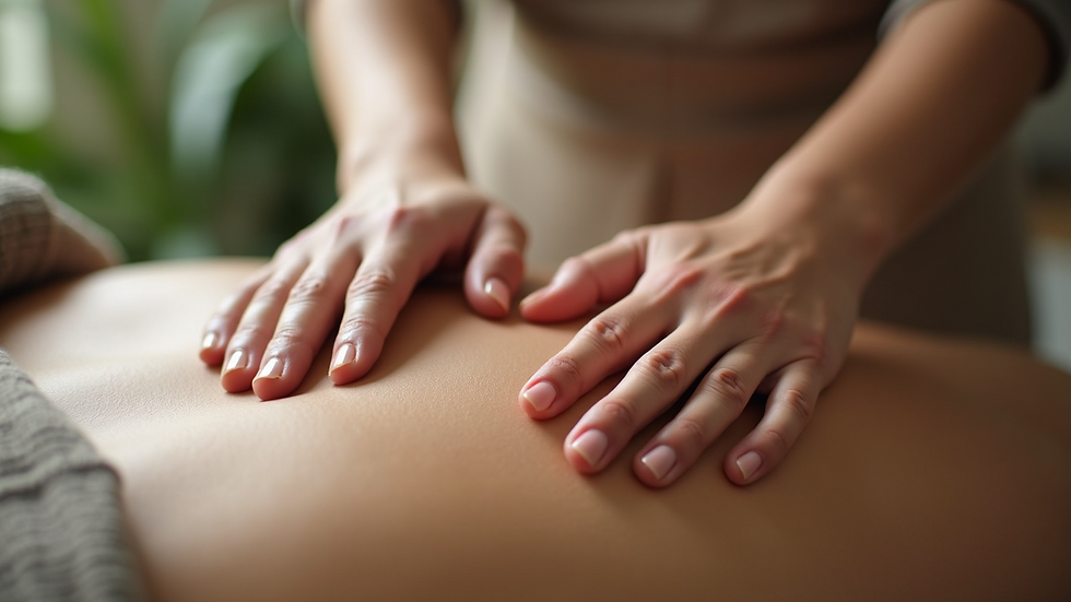 Close-up view of a Reiki practitioner’s hands gently hovering over a client’s back