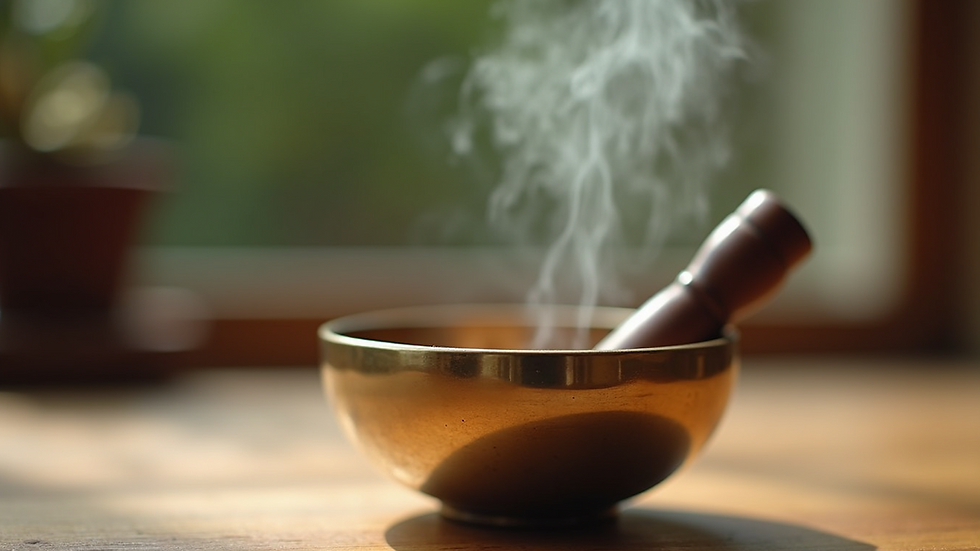 Close-up view of a crystal singing bowl on a wooden surface