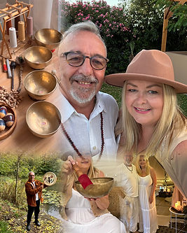 collage image of neil and caroline smiling with singing bowls and drum