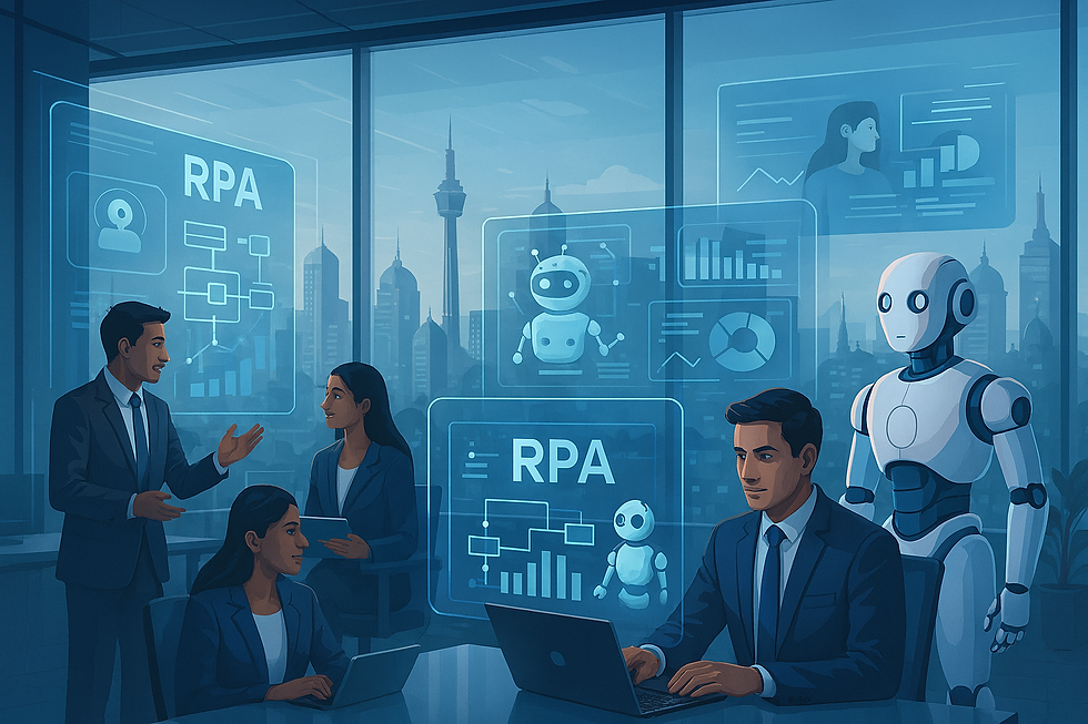 Business meeting with four people and a robot in a blue-toned office. Digital screens display "RPA" and graphs. City skyline visible.