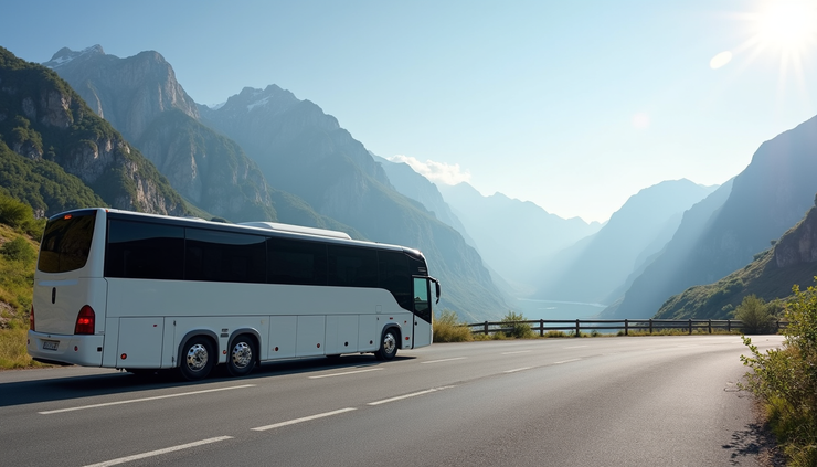 High angle view of a comfortable tour bus parked near a scenic mountain landscape