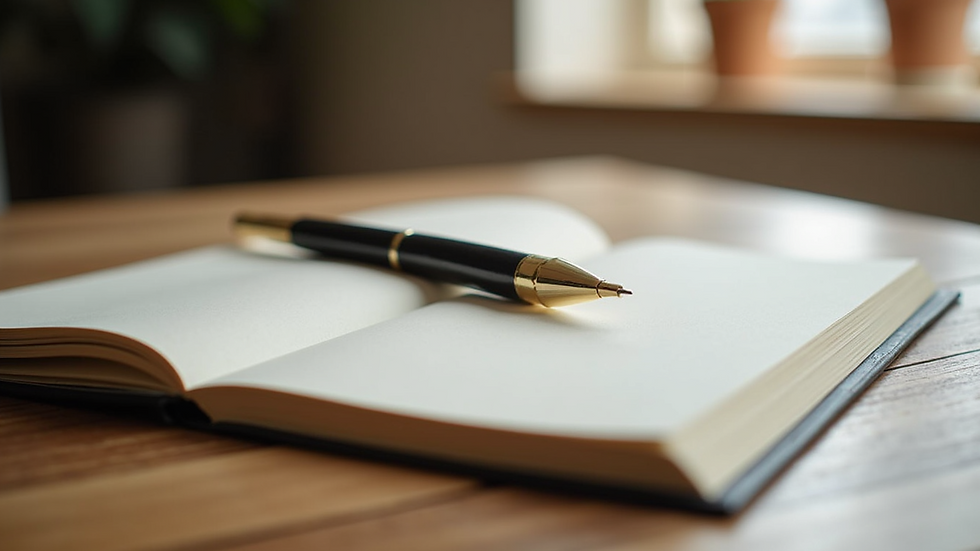 Close-up of a journal and pen on a wooden table, symbolizing reflection and growth