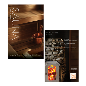 Postcard establishing the first piece of brand collateral for this new craft sauna builder. Shows two-level cedar wood benches and stone stove