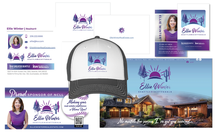 Complete brand identity developed for a real estate agent, including logo design, typography, printed marketing materials, email signature and website.