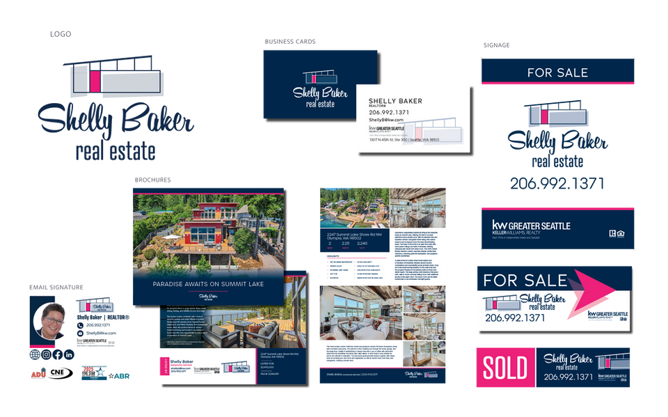 Complete brand identity developed for a real estate agent, including logo design, typography, printed marketing materials, and signage.