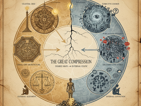 Diagram illustrating the compression of ancient external systems of order into internal navigation and belief.