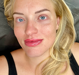 Lip blush permanent makeup transformation showing enhanced symmetry and soft pink watercolor pigment