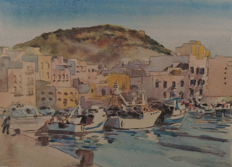Porto Di Trapani Trapani Port il porto di trapani con erice che sopraguarda Trapani Port With Erice Overlooking pittura fatto nello studio studio painting acquerello watercolour carta per acquerello watercolour paper pieno sole full sun inverno winter mezzogiorno midday FALSE