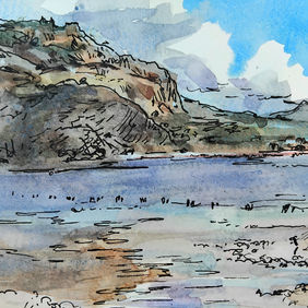 Monte Erice Mount Erice monte erice attraverso le saline dal'ospizio pepoli Mount Erice Across The Saline From Pepoli Hospice pittura all'aria aperta plein air painting inchiostro e acquerello ink and watercolour carta per acquerello watercolour paper parzialmente coperto partial cloud cover inizio primavera early spring mezzogiorno midday FALSE
