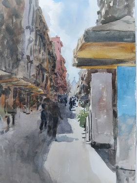 Via Vittorio Emanuela Via Vittorio Emanuela Guardando su lungo Via Vittorio Emanuele Looking up Along Via Vittorio Emanuele pittura all'aria aperta plein air painting acquerello watercolour carta per acquerello watercolour paper limpido e soleggiato clear and sunny inizio primavera early spring mezzogiorno midday FALSE