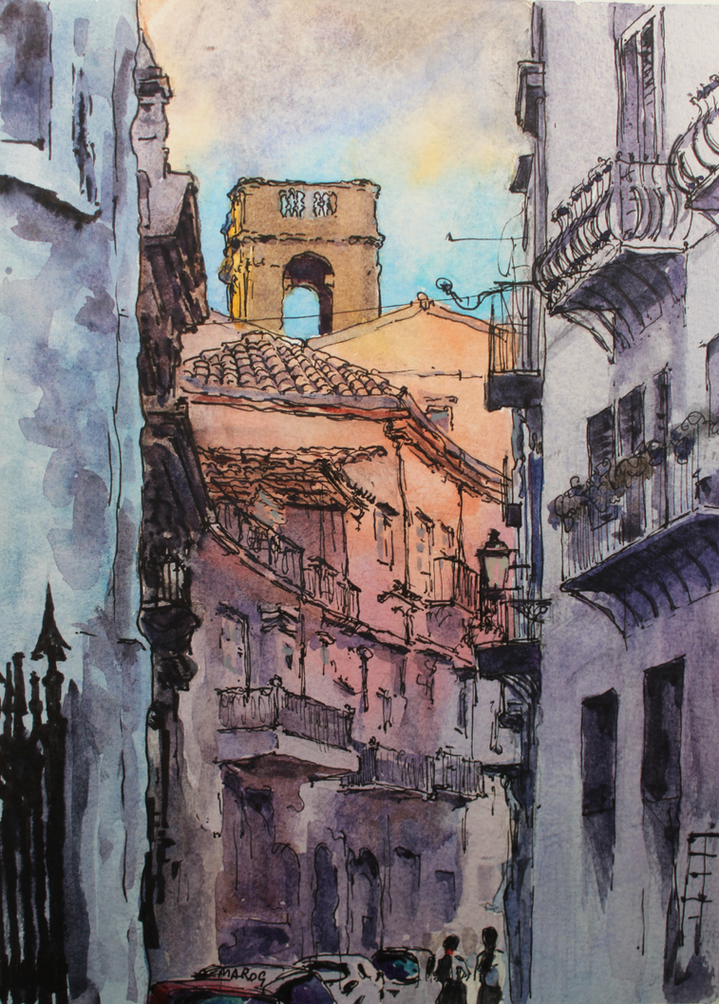 representational artwork Landscape city studio painting watercolour and ink Watchful Eye of San Maria in Green Valley opera arte rappresentativa Paesaggio citt� pittura in studio acquerello e inchiostro L'Occhio Vigile Di San Maria In Valverde Sicily