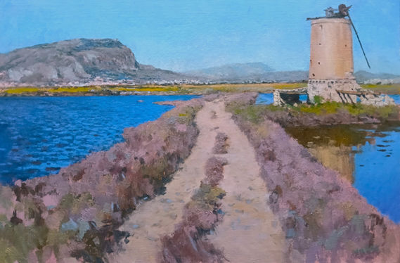 erice and windmill from the salina calcara erice e mulino da salina calcara erice and windmill from the salina calcara erice e mulino da salina calcara pittura fatto nello studio studio painting olio oil lino su telaio stretched linen tarda primavera late spring sera evening FALSE