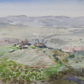 Baglio Abbandonato Abandoned Farmstead baglio abbandonato con montagna grande in fondo Abandoned Farmstead With The Great Mountain In The Distance pittura all'aria aperta plein air painting acquerello watercolour carta per acquerello watercolour paper foschioso hazy primavera spring Mattina morning FALSE