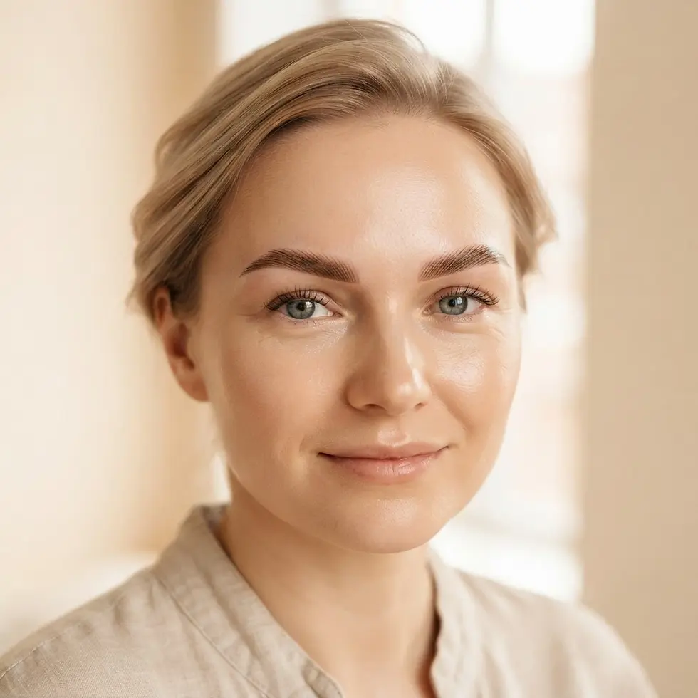 Studio photography of a woman with short blonde hair. She has a gentle smile with soft, natural lighting.