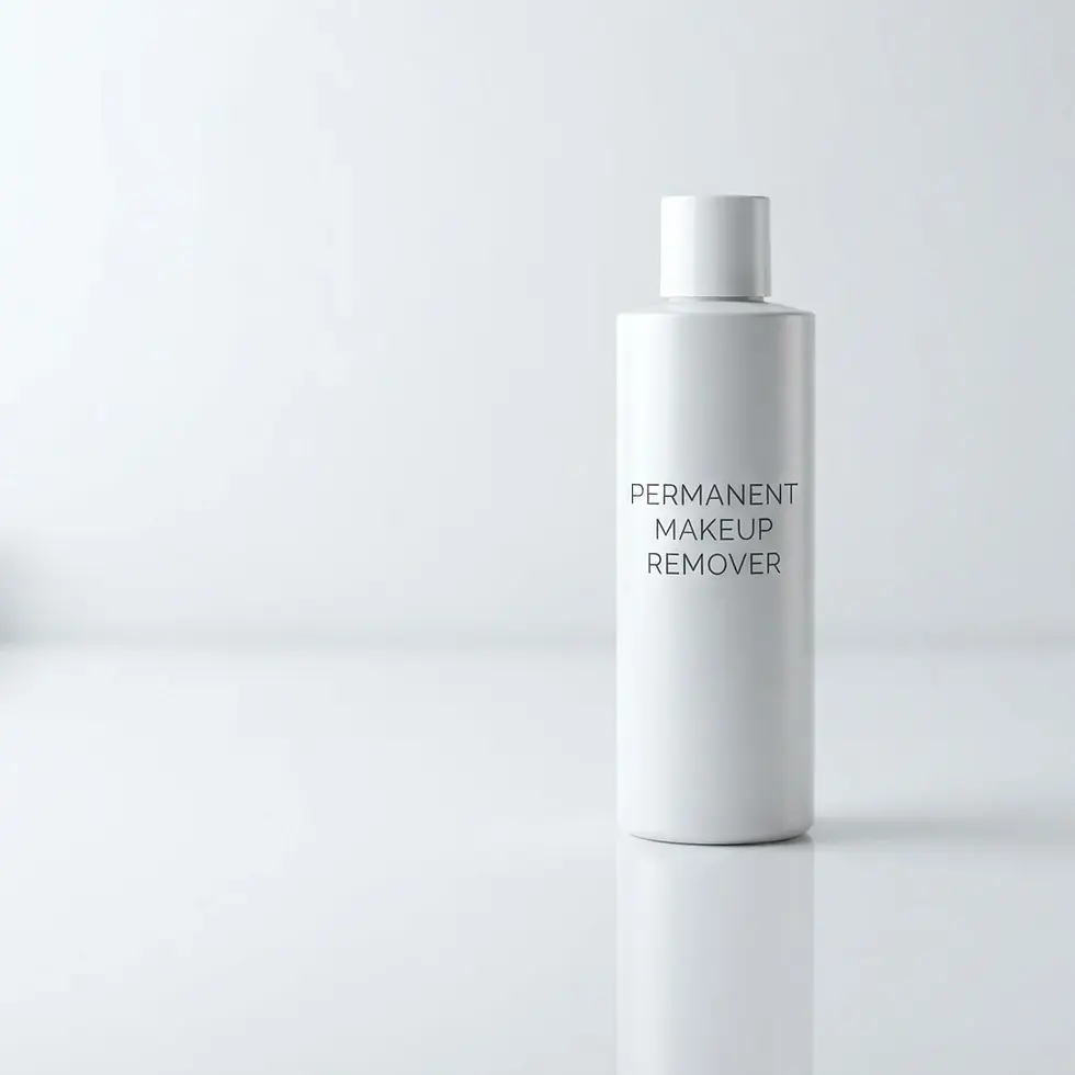 Product photography of a white bottle of permanent makeup remover. The clean, minimalist presentation suggests a professional and pure product.