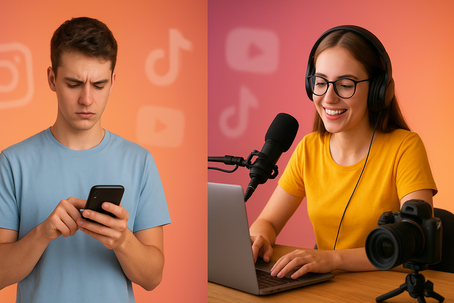 Comparación entre creador y consumidor en redes sociales: persona creando contenido vs persona solo consumiendo en Instagram.