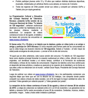 CNTV-Nova sur lanza su 5° concurso nacional de vídeo "tu talento en 120 segundos"