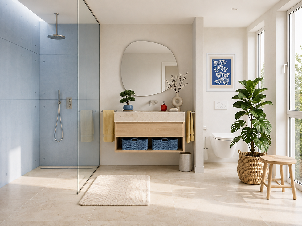 Bright modern bathroom with glass shower, floating vanity, round mirror, potted plant, framed blue art, and sunlight.