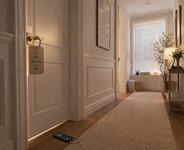 A hallway. Closed door. Big “Do Not Disturb” sign hanging. Hopefully people will get the message.