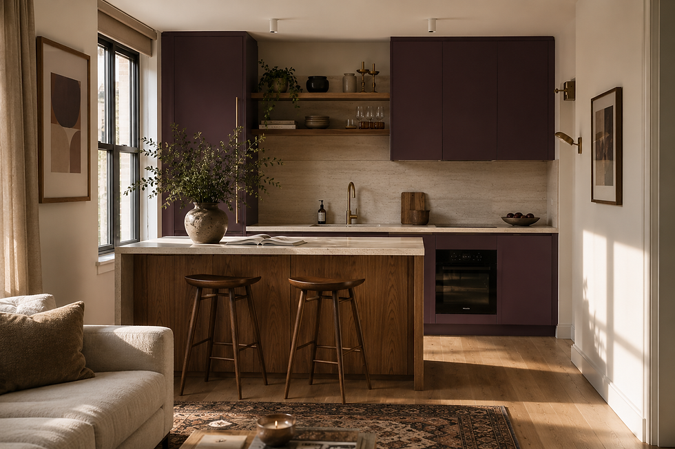 Warm modern kitchen with plum cabinets, wood island and stools, a vase of greenery, and a sunlit living area.