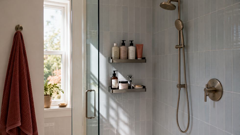 Bright modern shower with brass fixtures, blue tile, toiletries on shelves, and a red towel by a sunlit window.