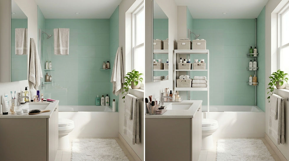 Split view of a bright mint-green bathroom with a vanity, tub, towels, shelves, and a potted plant; tidy spa-like feel