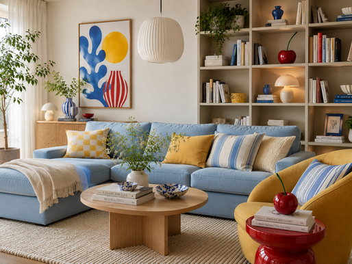 Sunny modern living room with blue sofa, yellow chair, plants, abstract art, books and red cherry decor; books read A Frame for Life and Type Beautiful