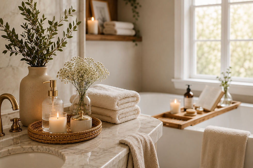 Spa-like bathroom with lit candles, folded white towels, flowers, and bath tray by a sunlit window, calm and luxurious