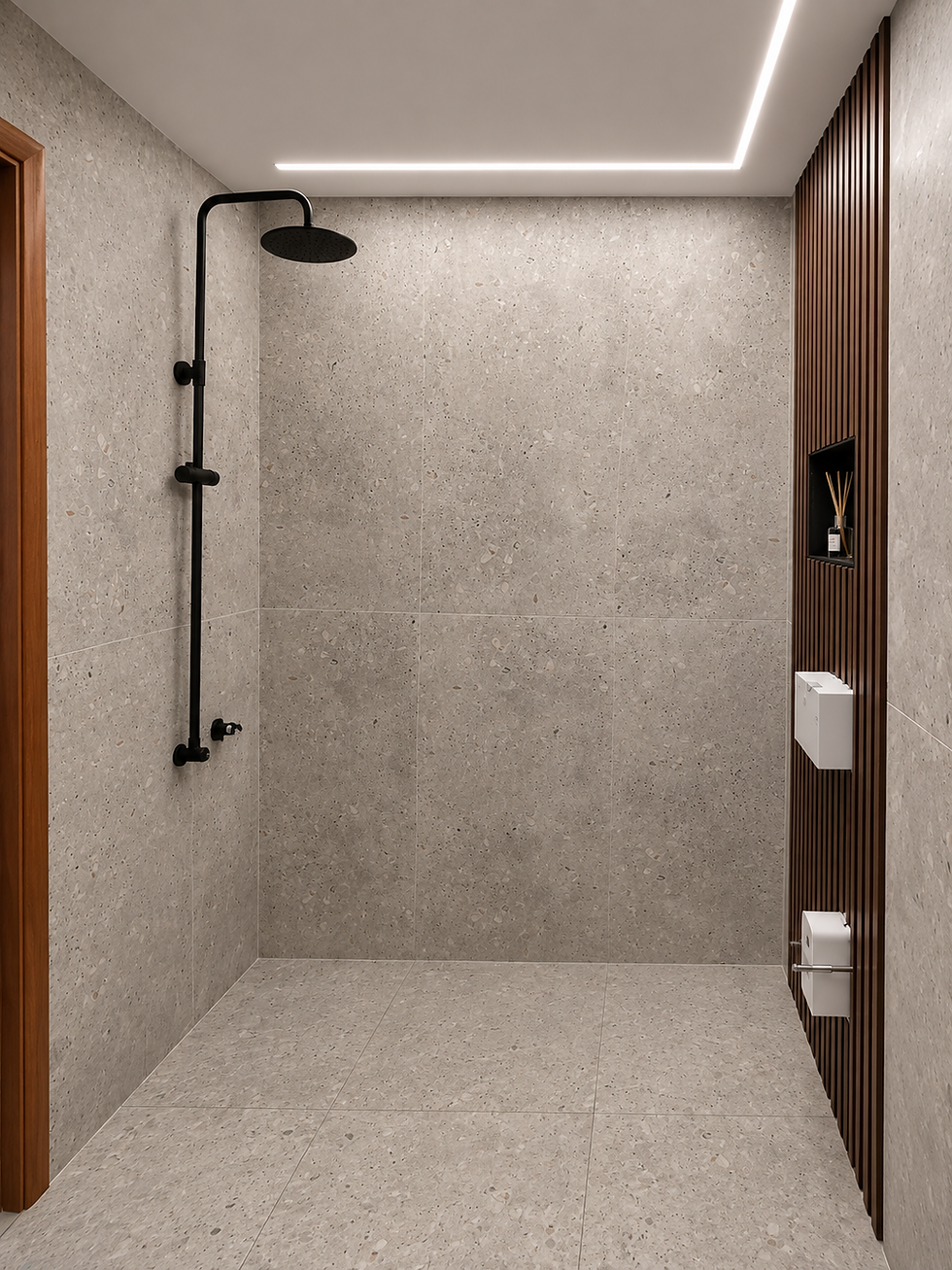 Modern empty shower room with black rainfall showerhead, beige terrazzo tile, wood slat accent wall, and white fixtures.