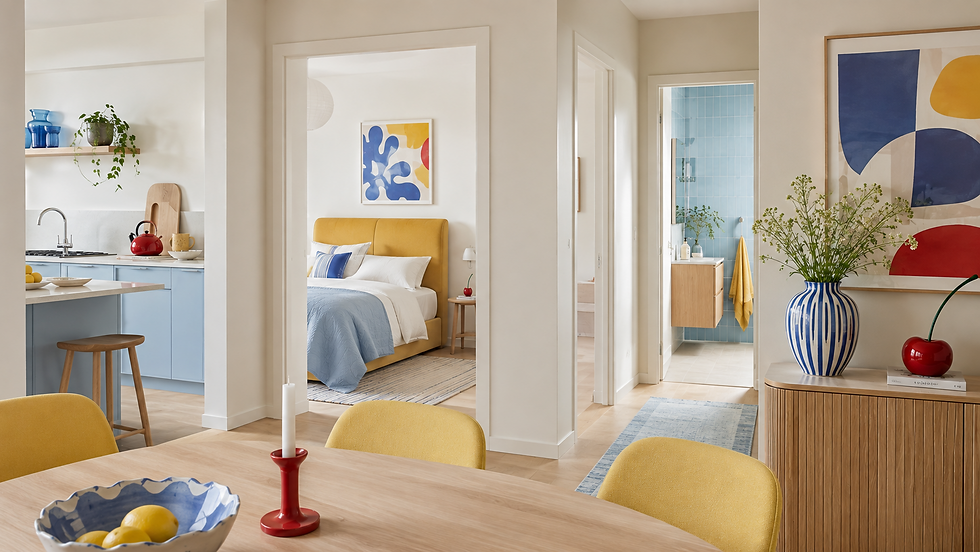 Bright modern apartment with yellow chairs, blue accents, kitchen, bedroom, and bathroom seen through doorways; calm, airy mood