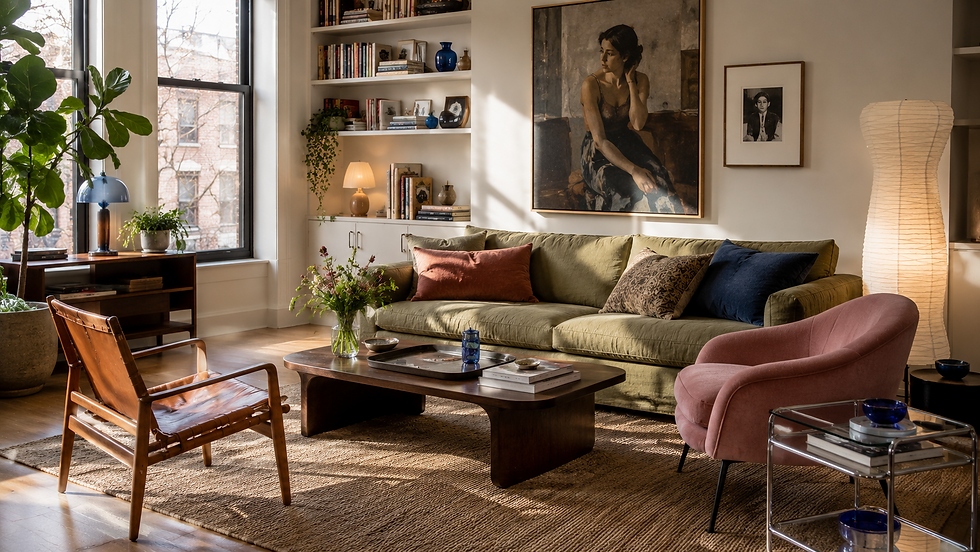 Sunlit cozy living room with green sofa, pink chair, wood table, bookshelves, plants, and large portrait art by the window.