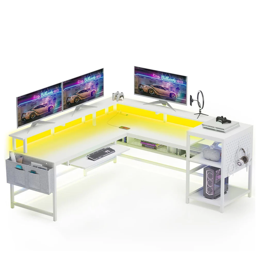 96 Inches L Shaped Reversible LED Gaming Desk White