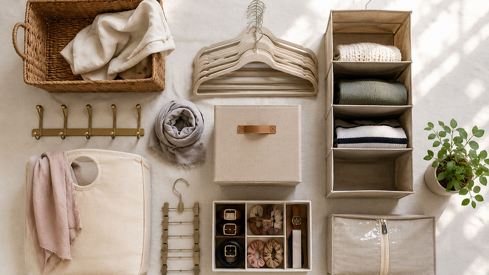 Neatly arranged beige wardrobe storage with baskets, hangers, folded clothes, belts, and a small potted plant in soft sunlight.