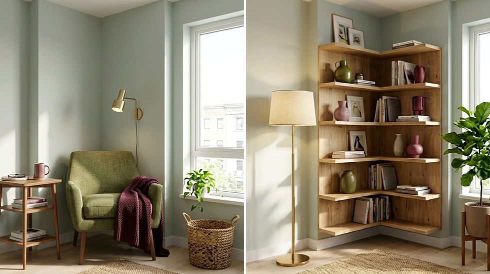 Cozy reading nook with green armchair, floor lamp, wooden bookshelf, plants, and soft light in a pale green room.